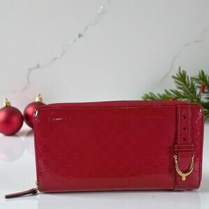 Gucci Shima GG Belted Zip Around Pink Enamel Leather Micro Long Wallet